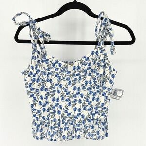 New Fairy Dizzy Lizzy Floral Corset Crop Top Blue Tie Shoulder Ruffle Smocked S